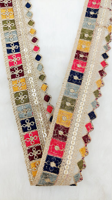 Gold Sequin Border With Multicoloured Floral Embroidery, Beige Shimmer Lace Trim, Decorative Trim